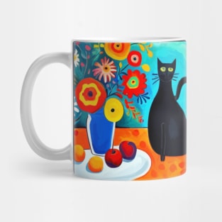 Still Life Painting with Black Cat and Flowers in a Blue Vase Mug